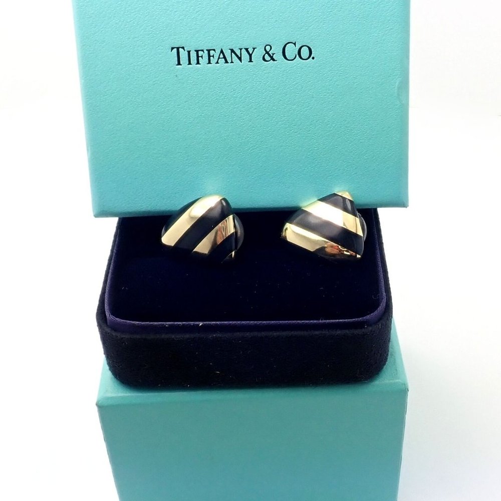 Tiffany & Co Angela Cummings 18k Yellow Gold Inlaid Black Jade Earrings - Picture 4 of 9